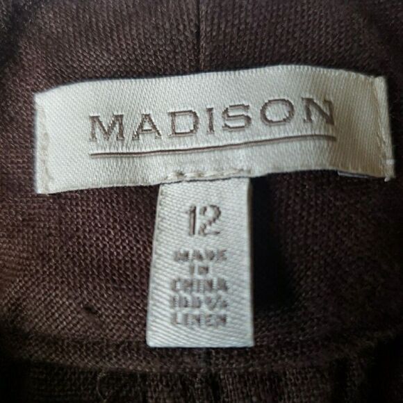 Madison Women's Size 12 Pants Brown 100% Linen Wide Leg Flat Front Dress Pants - Picture 2 of 10
